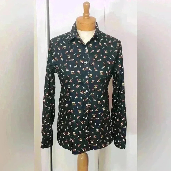 Lands’ End Women Long Sleeve Dark Blue Floral Supima Cotton Button Up Shirt Sz 8 - Picture 1 of 12